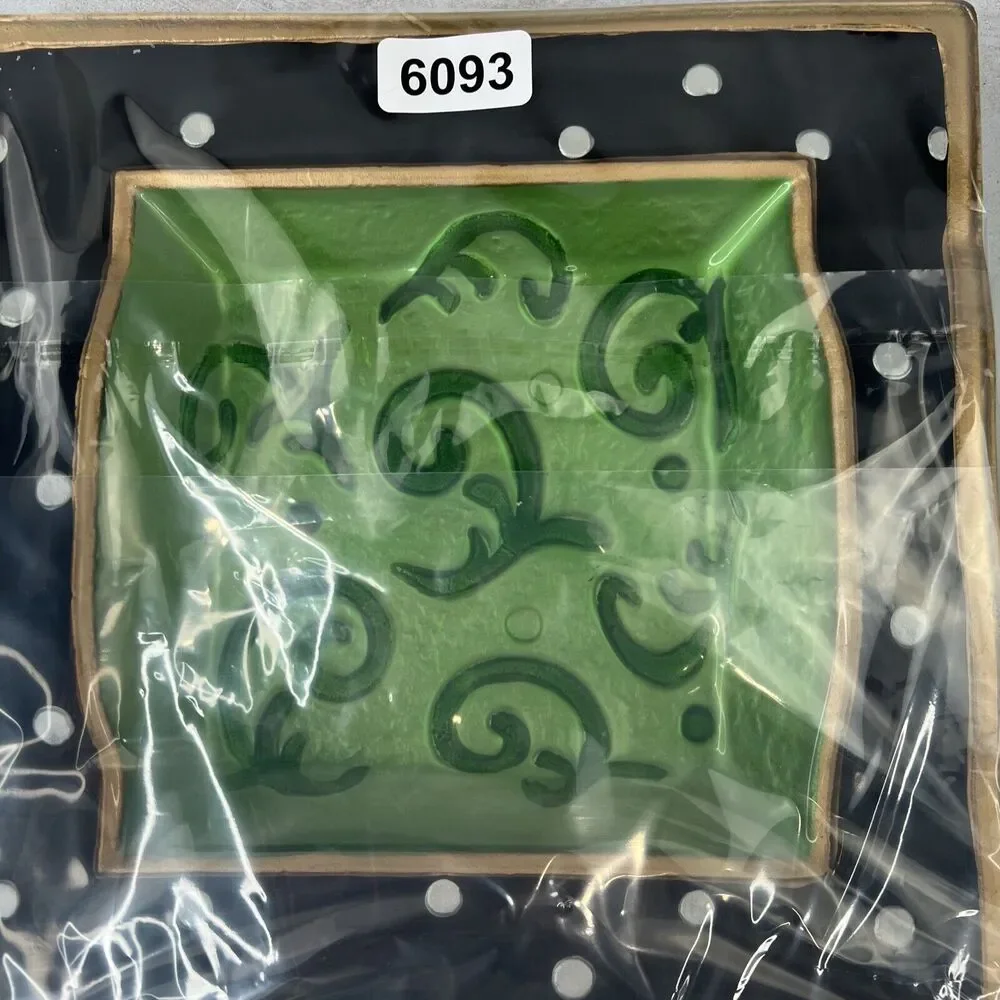 Vintage Art Glass Painted Black &‎ Green Polka Dot Decorative Bowl